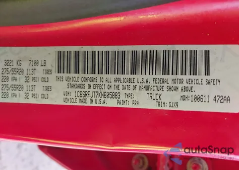 2019 Ram 1500 Laramie from USA, damaged, VIN 1C6SRFJT7KN605883